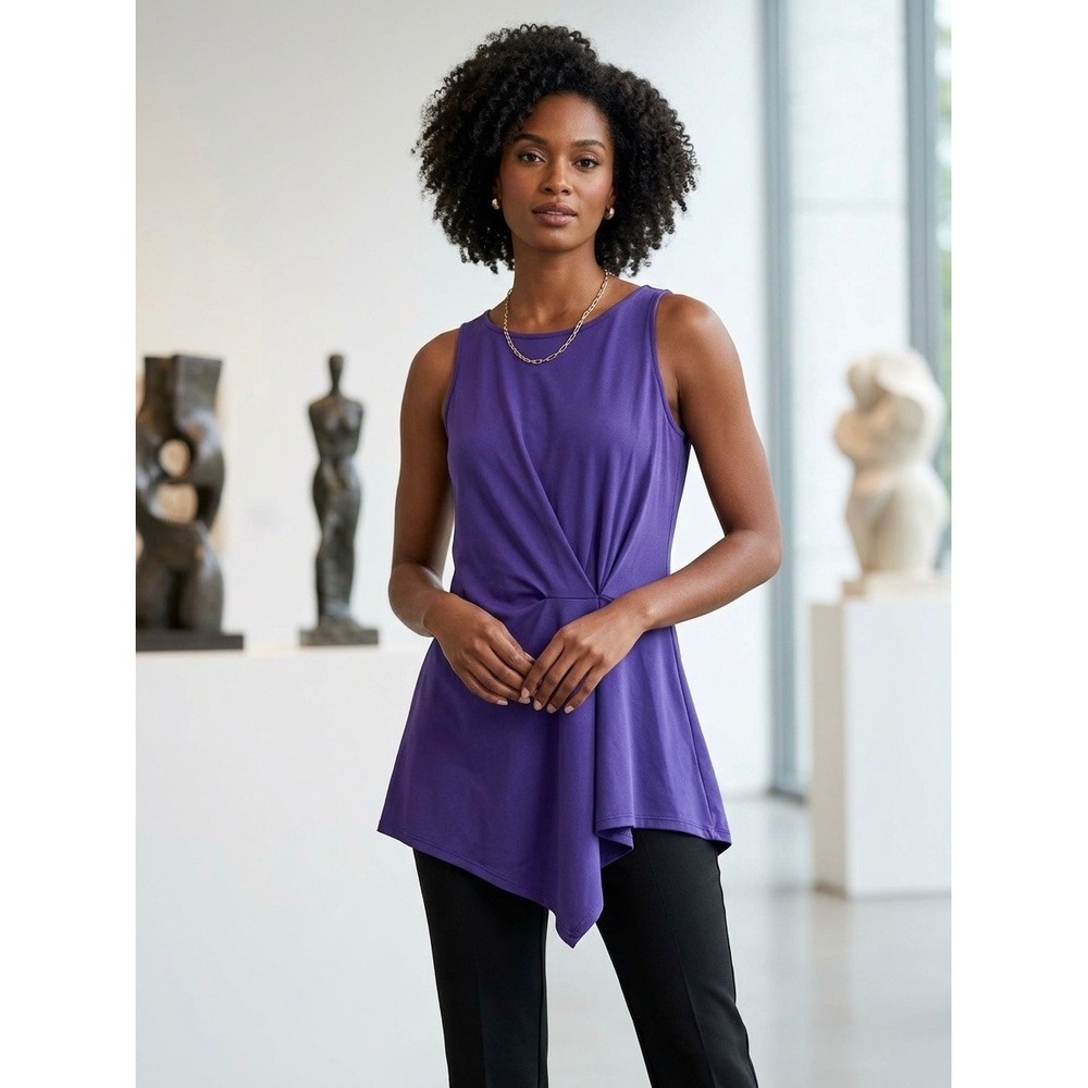Ruby Ribbon Purple Sleeveless Draped Twist Front Asymmetrical Tunic Top Small